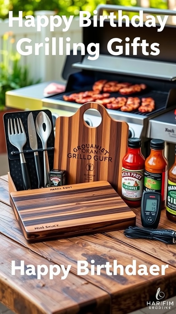 A display of grilling gifts like tools, sauces, and a cutting board on a wooden table outside.